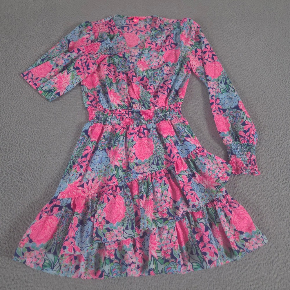 Lilly Pulitzer Dress Womens 0 Multi Christiana Mini Floral Ruffle Long Sleeve
